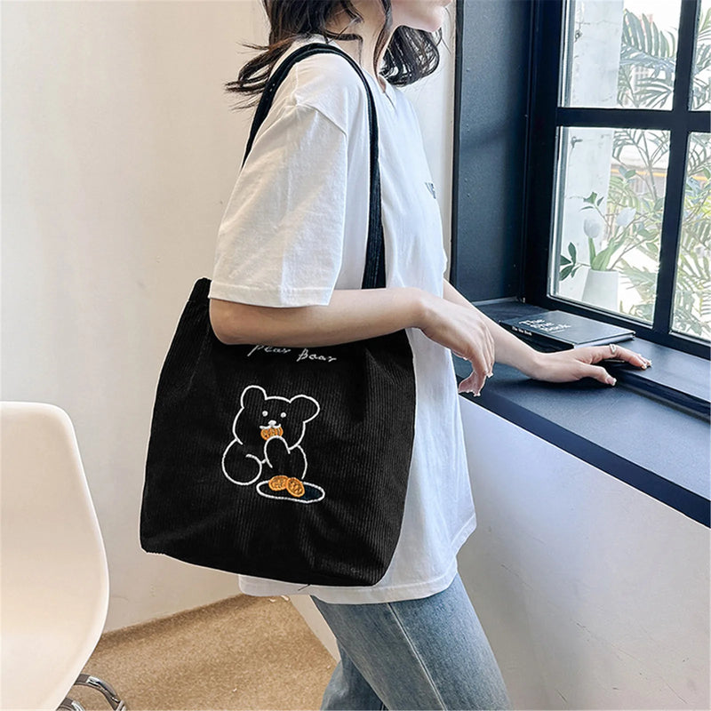 Bolso de Hombro de Oso Bordado de Dibujos Animados, Bolso de Corduroy Plegable para Mujer, Gran Capacidad, Bolso Tote Ecológico para Compras