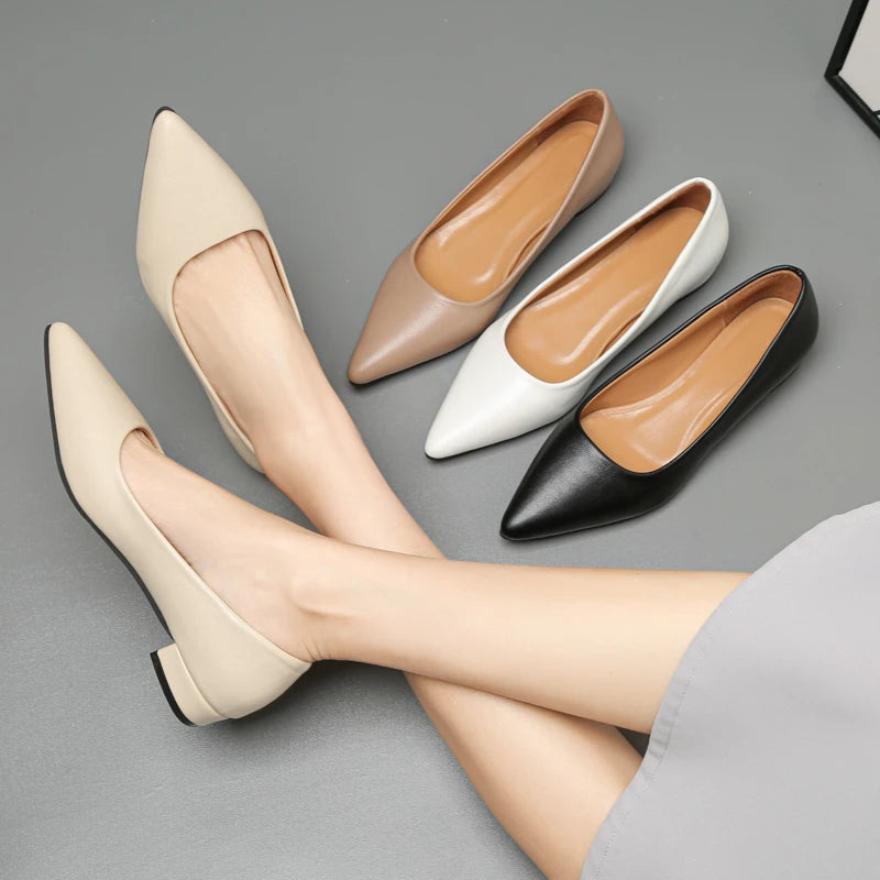 Zapatos de tacón cuadrado mujer punta afilada elegantes zapatos de vestir cuero