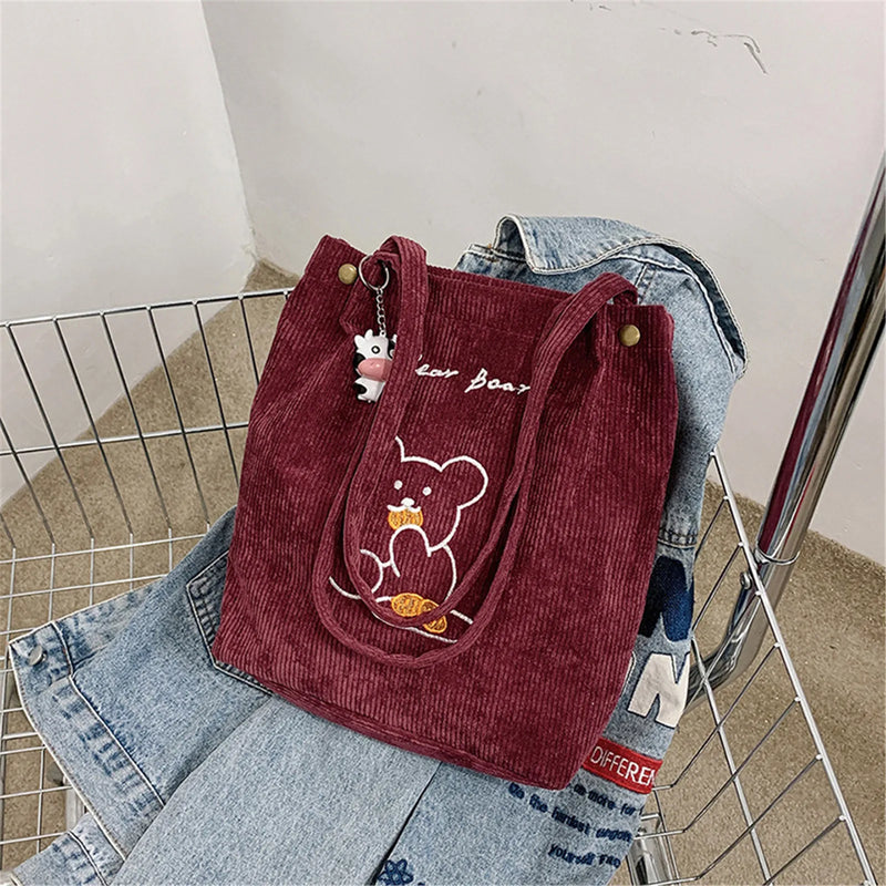 Bolso de Hombro de Oso Bordado de Dibujos Animados, Bolso de Corduroy Plegable para Mujer, Gran Capacidad, Bolso Tote Ecológico para Compras