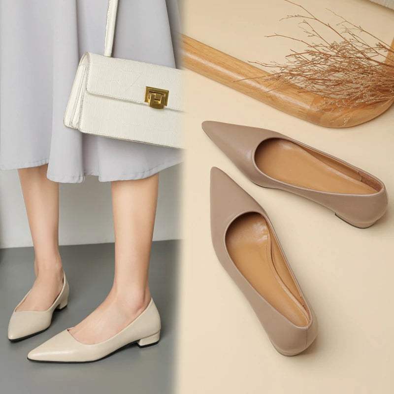 Zapatos de tacón cuadrado mujer punta afilada elegantes zapatos de vestir cuero