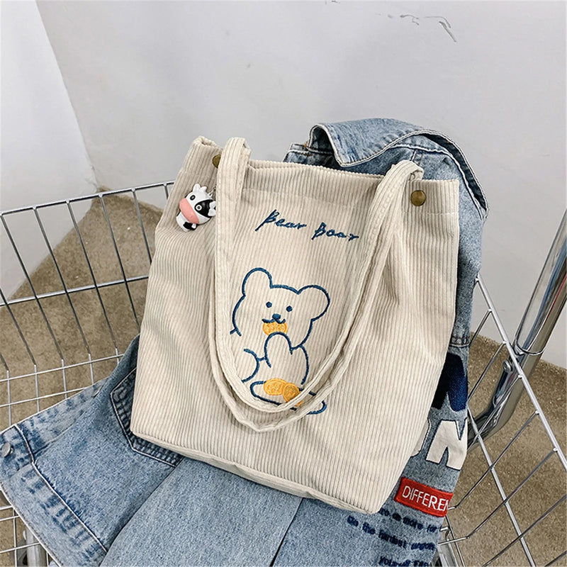 Bolso de Hombro de Oso Bordado de Dibujos Animados, Bolso de Corduroy Plegable para Mujer, Gran Capacidad, Bolso Tote Ecológico para Compras