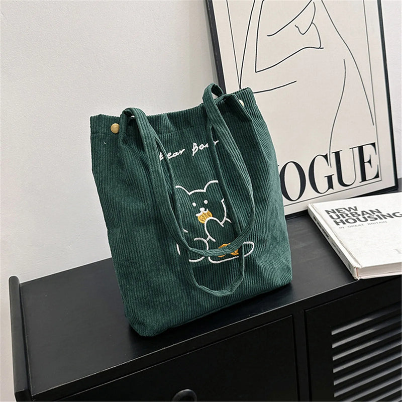 Bolso de Hombro de Oso Bordado de Dibujos Animados, Bolso de Corduroy Plegable para Mujer, Gran Capacidad, Bolso Tote Ecológico para Compras