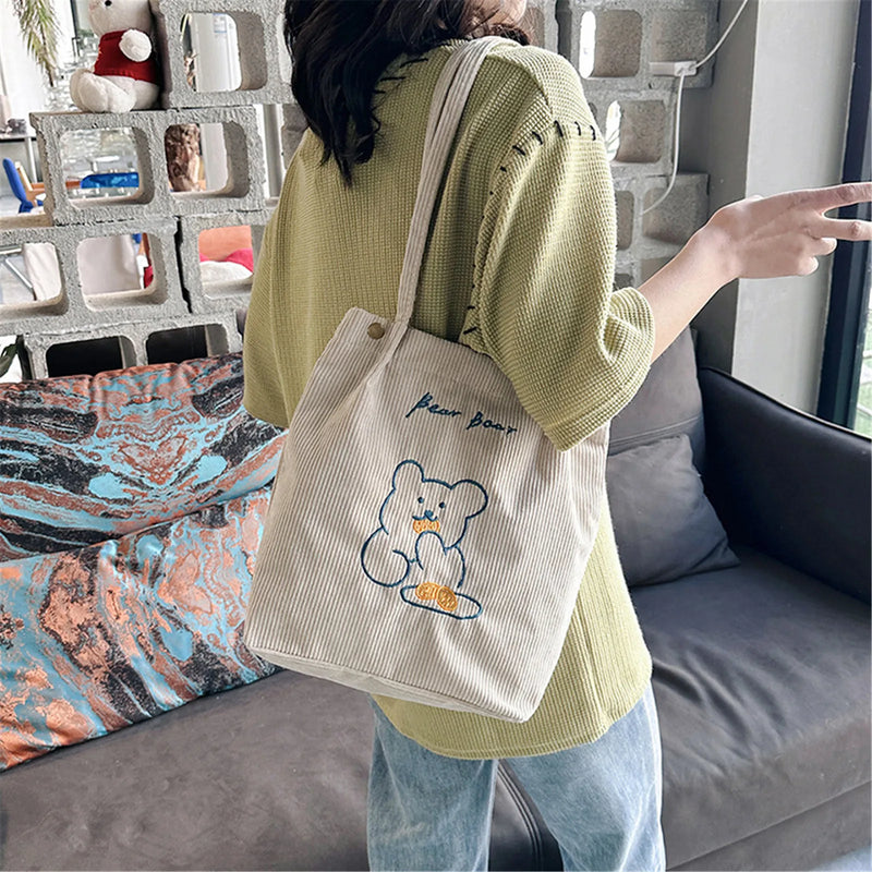Bolso de Hombro de Oso Bordado de Dibujos Animados, Bolso de Corduroy Plegable para Mujer, Gran Capacidad, Bolso Tote Ecológico para Compras
