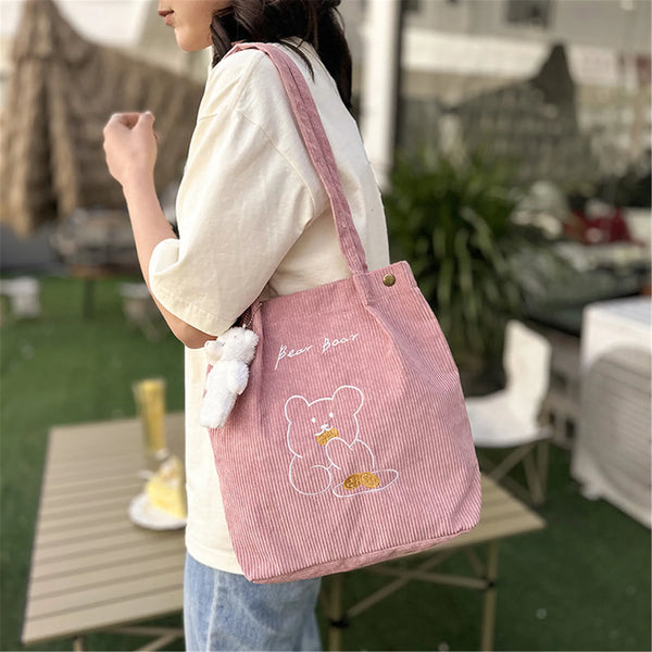 Bolso de Hombro de Oso Bordado de Dibujos Animados, Bolso de Corduroy Plegable para Mujer, Gran Capacidad, Bolso Tote Ecológico para Compras